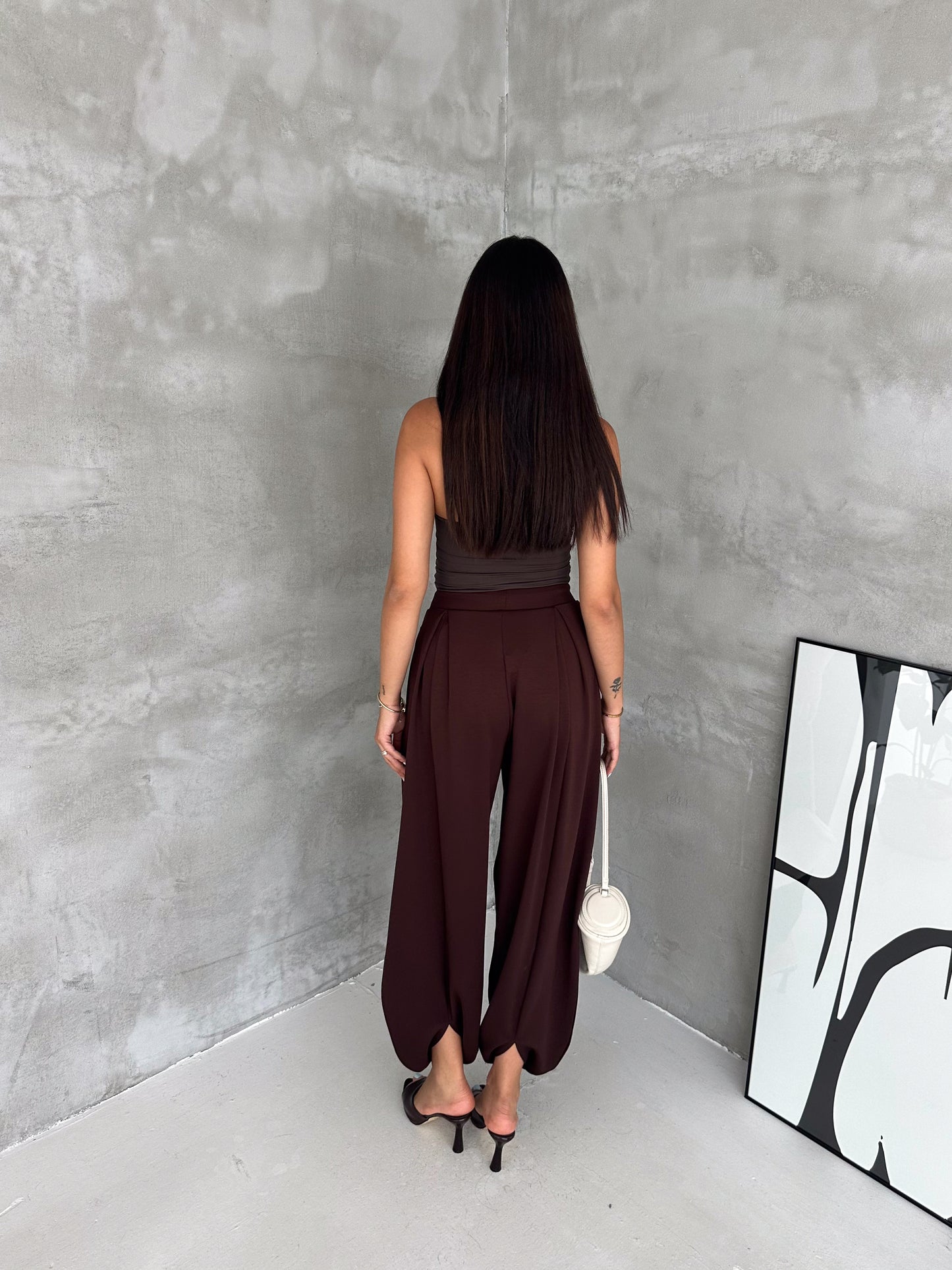 Kadın Modal Kumaş Şalvar Trend Model Şalvar Pantolon Kahverengi