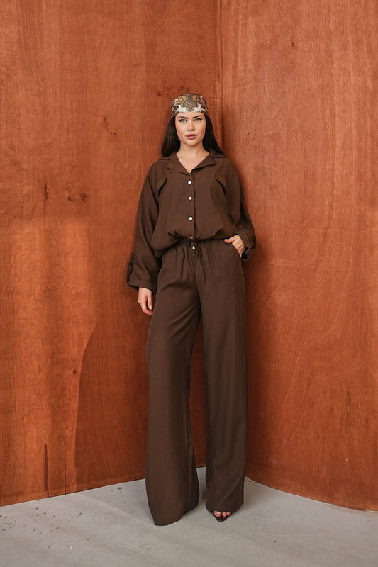 Kadın Modal Dokuma Oversize Gömlek Yüksek Bel Paça Pantolon İkili Takım Kahverengi