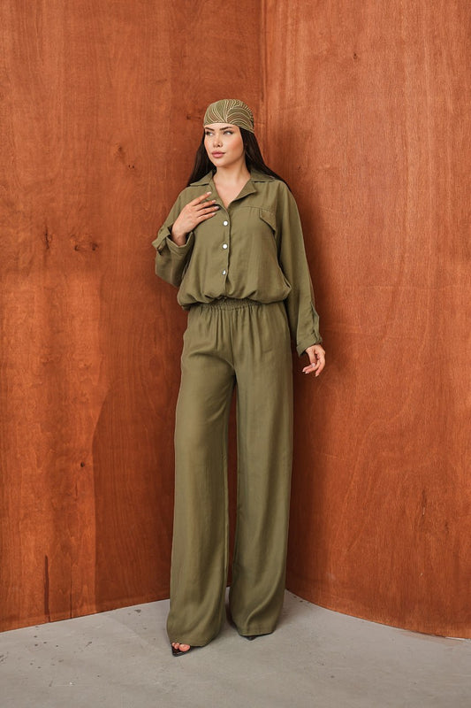 Kadın Modal Dokuma Oversize Gömlek Yüksek Bel Paça Pantolon İkili Takım Yeşil