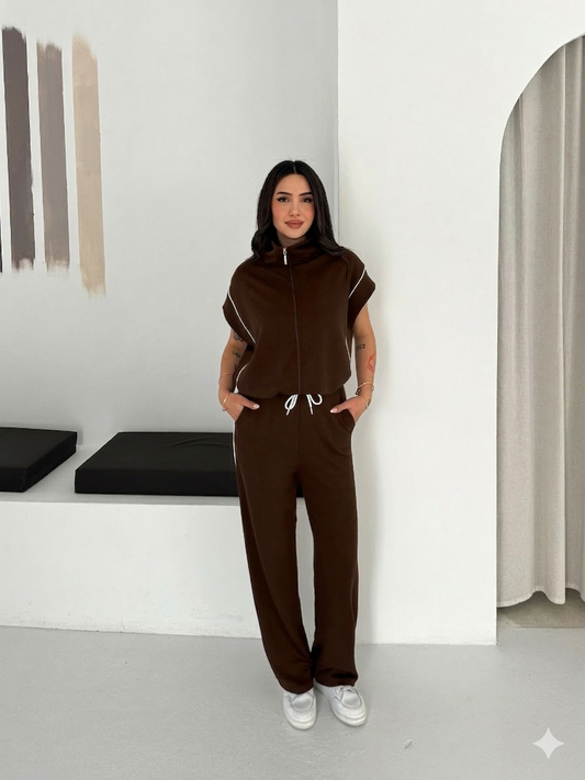 Kadın Fermuarlı Üstlü Rahat Kesim Modal Bol Paça Eşofman Takımı Kahverengi
