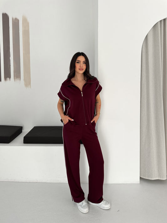 Kadın Fermuarlı Üstlü Rahat Kesim Modal Bol Paça Eşofman Takımı Bordo