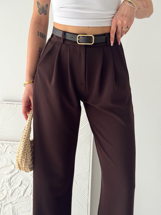 Kadın Ağaç Kabuğu Kemerli Yüksek Bel Krep Pantolon Kahverengi