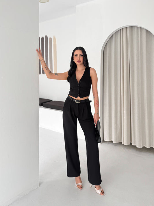 Kadın Ağaç Kabuğu Kemerli Yüksek Bel Krep Pantolon Siyah