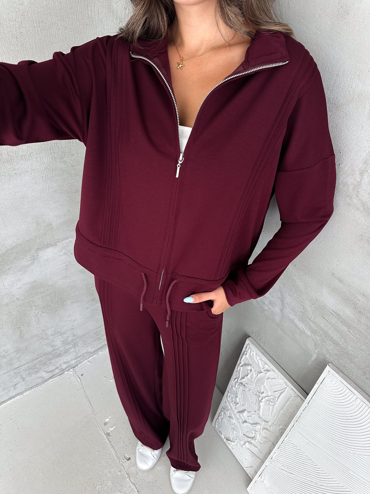 Kadın Modal Kumaş Beli Büzgülü Fermuarlı Eşofman Takımı Bordo