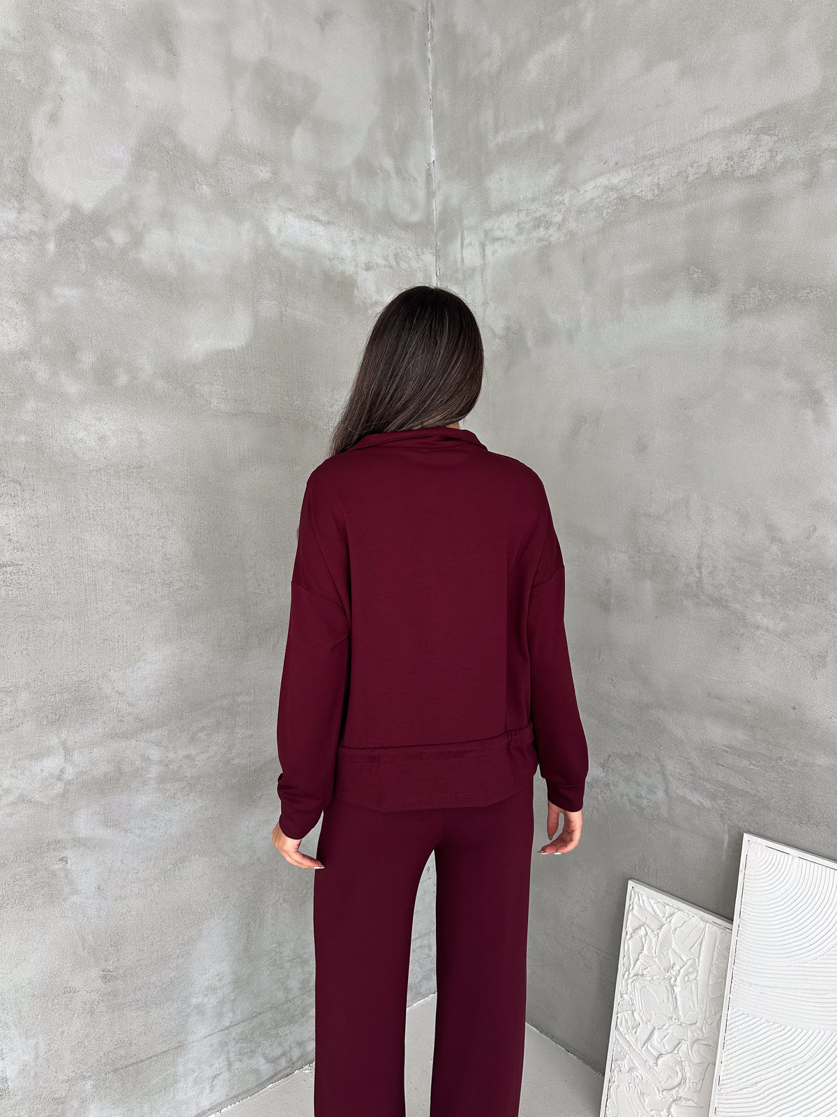 Kadın Modal Kumaş Beli Büzgülü Fermuarlı Eşofman Takımı Bordo
