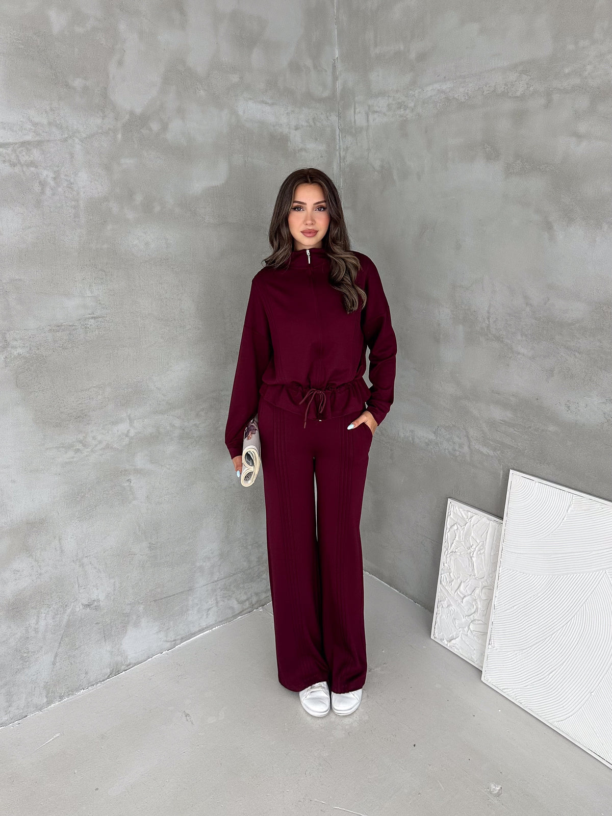 Kadın Modal Kumaş Beli Büzgülü Fermuarlı Eşofman Takımı Bordo