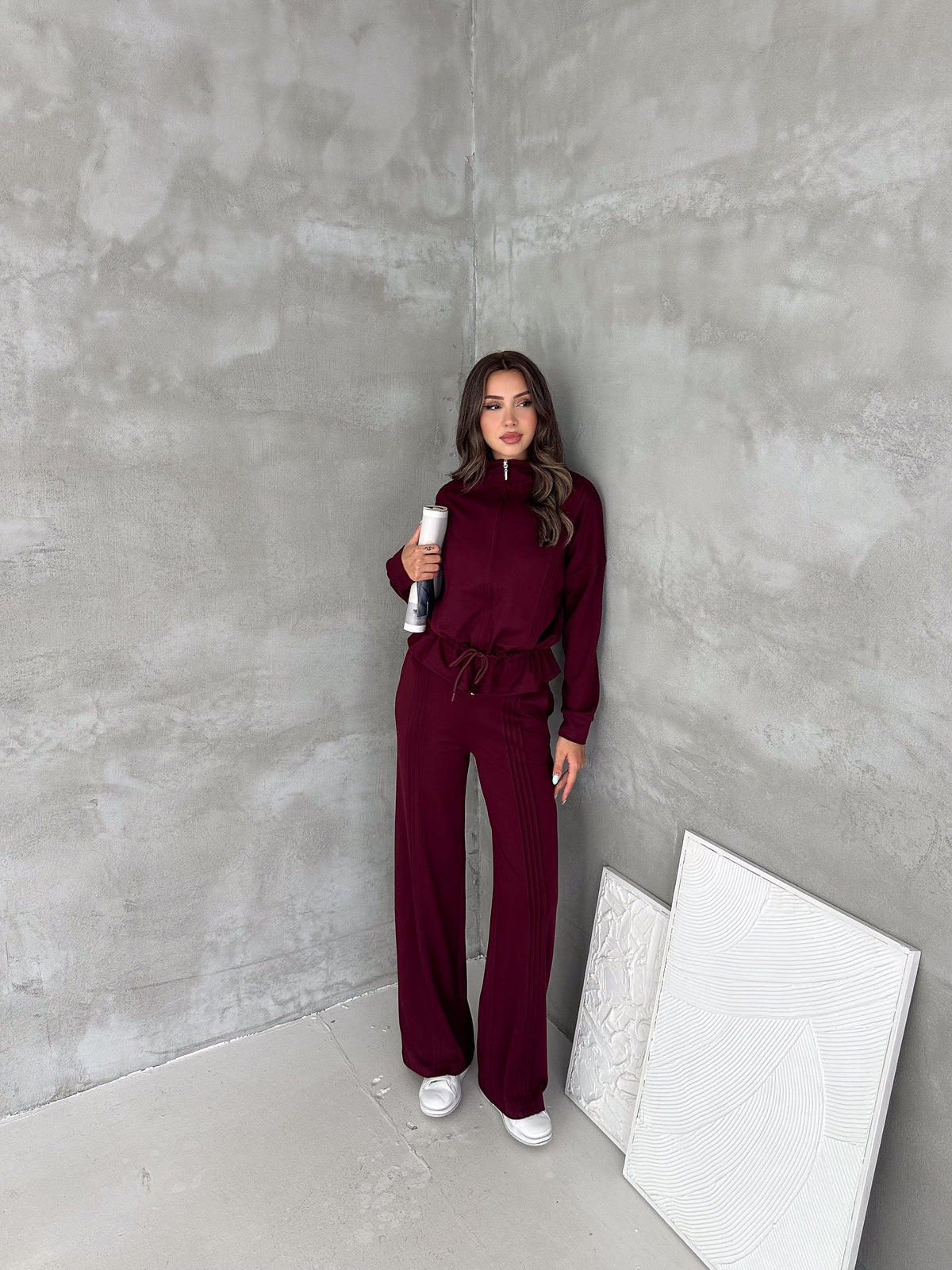 Kadın Modal Kumaş Beli Büzgülü Fermuarlı Eşofman Takımı Bordo