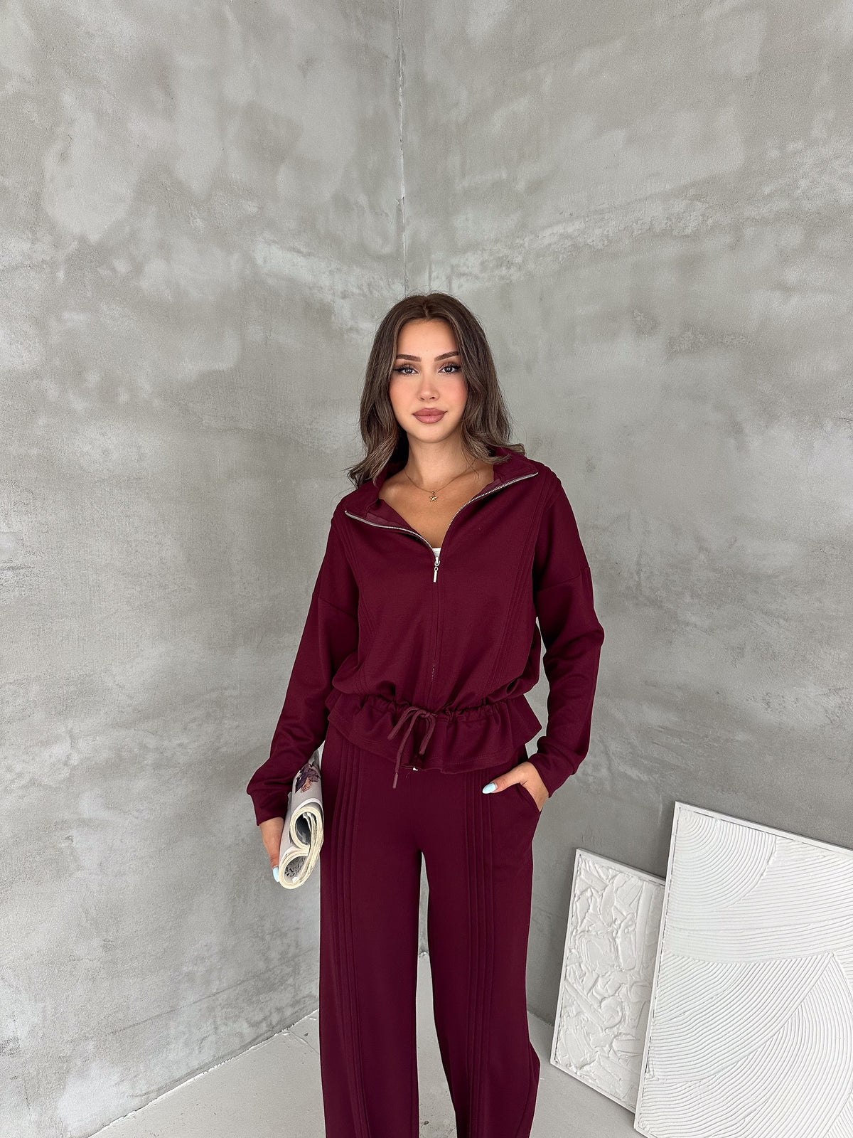 Kadın Modal Kumaş Beli Büzgülü Fermuarlı Eşofman Takımı Bordo