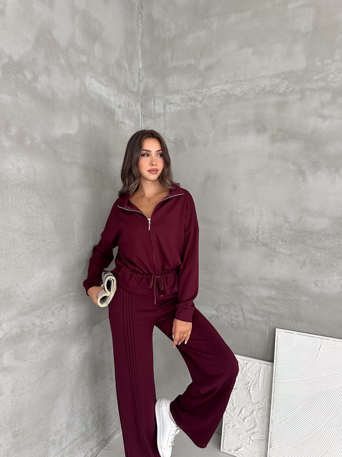 Kadın Modal Kumaş Beli Büzgülü Fermuarlı Eşofman Takımı Bordo