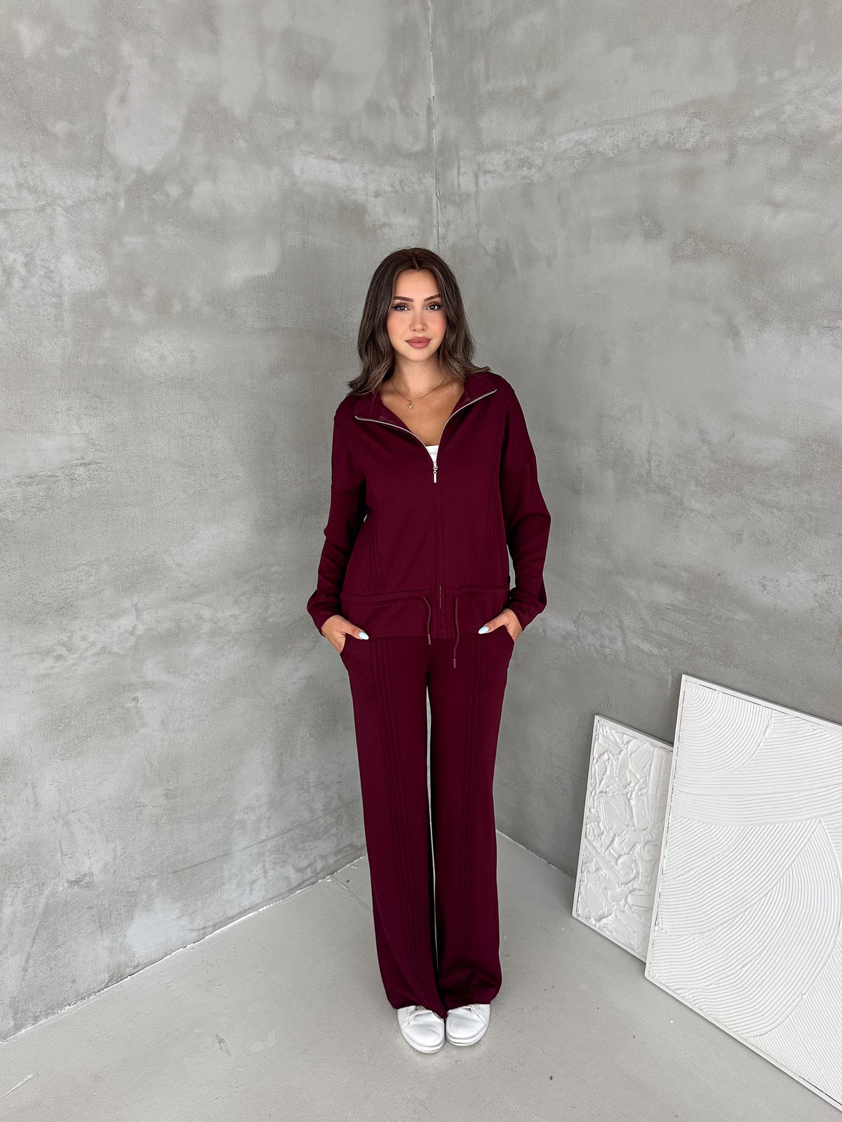 Kadın Modal Kumaş Beli Büzgülü Fermuarlı Eşofman Takımı Bordo