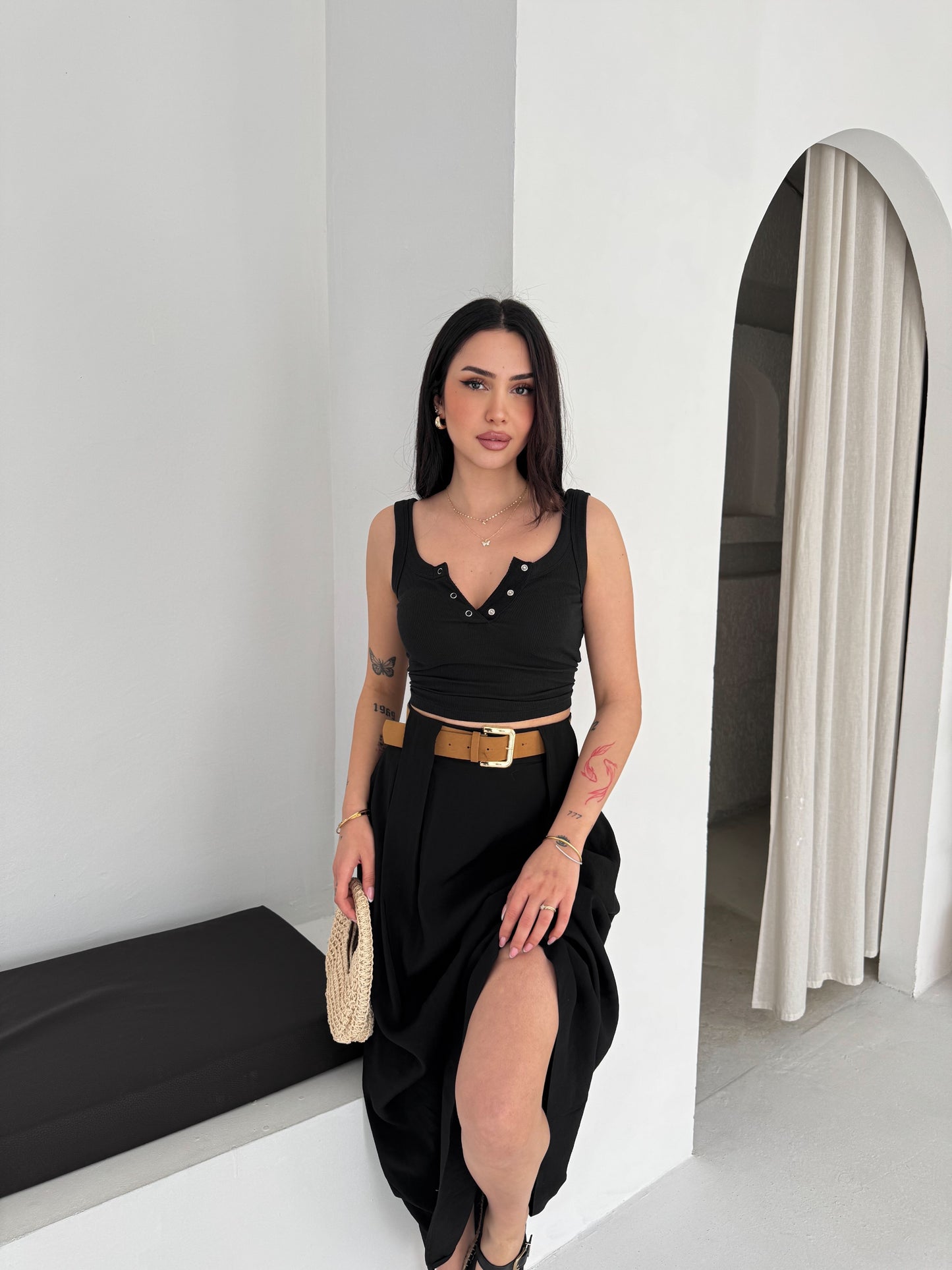 Kadın Modal Dokuma Kemer Detaylı Rahat Kalıp Etek Siyah
