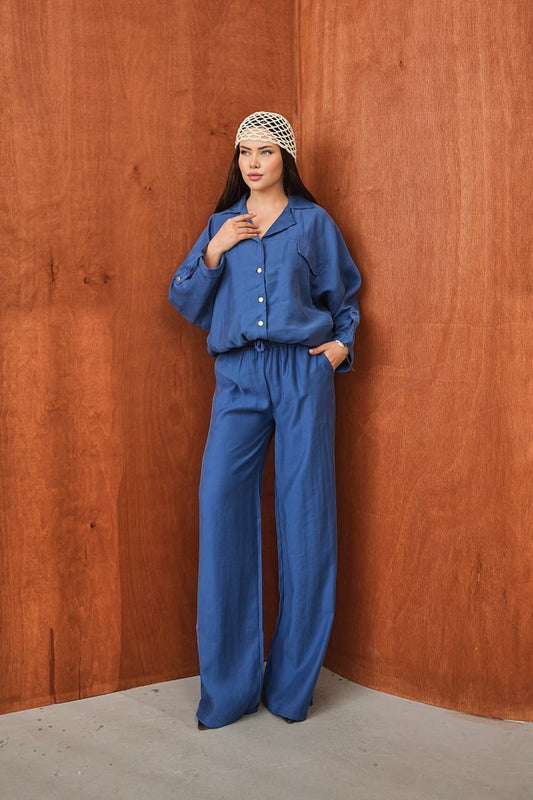 Kadın Modal Dokuma Oversize Gömlek Yüksek Bel Paça Pantolon İkili Takım Mavi