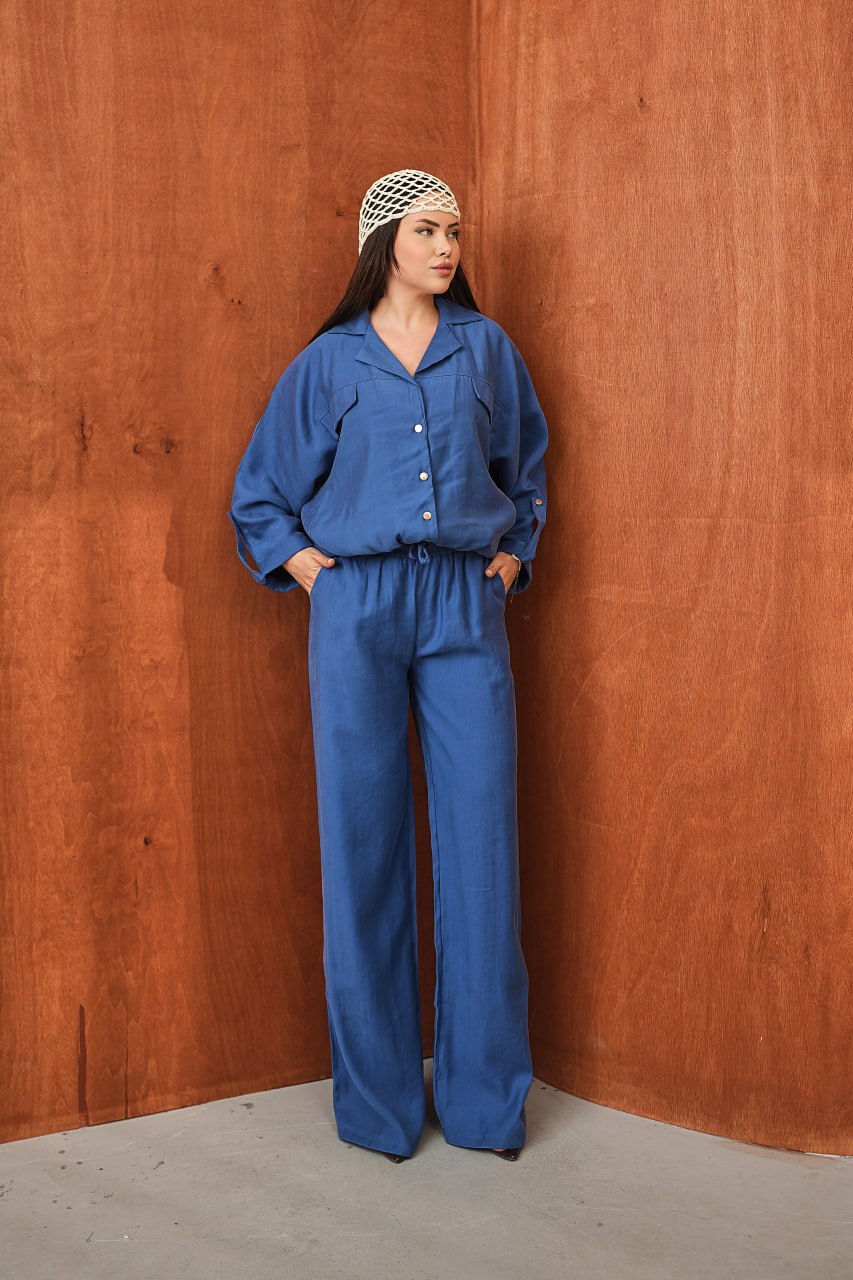 Kadın Modal Dokuma Oversize Gömlek Yüksek Bel Paça Pantolon İkili Takım Mavi