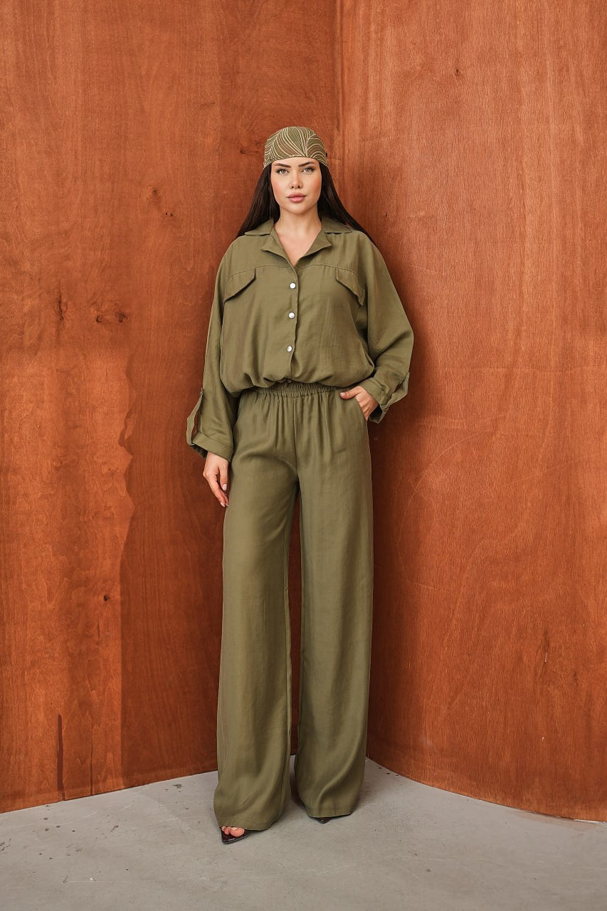 Kadın Modal Dokuma Oversize Gömlek Yüksek Bel Paça Pantolon İkili Takım Yeşil