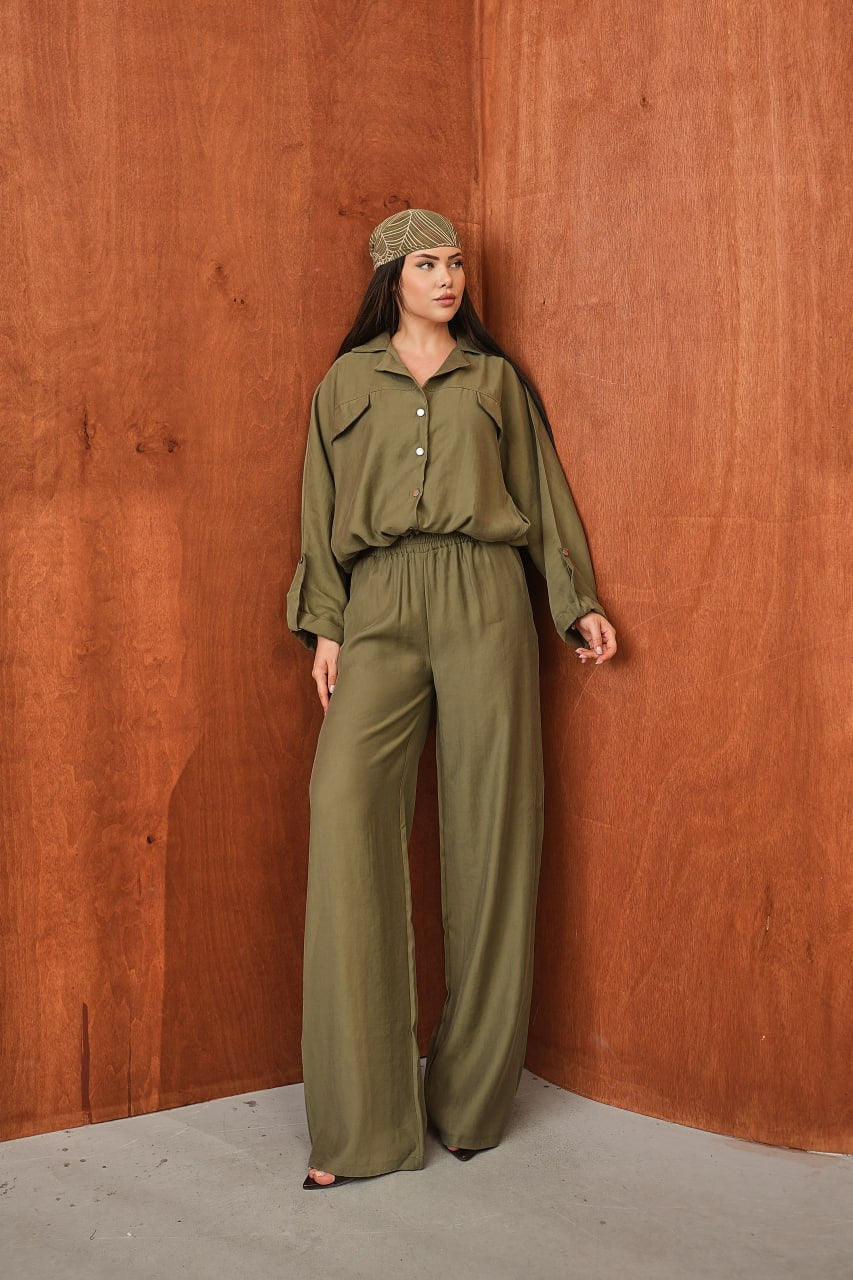Kadın Modal Dokuma Oversize Gömlek Yüksek Bel Paça Pantolon İkili Takım Yeşil