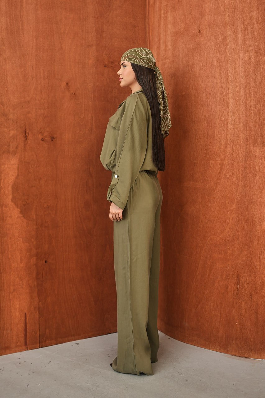 Kadın Modal Dokuma Oversize Gömlek Yüksek Bel Paça Pantolon İkili Takım Yeşil