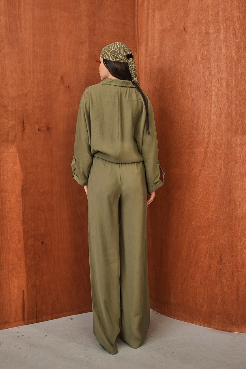 Kadın Modal Dokuma Oversize Gömlek Yüksek Bel Paça Pantolon İkili Takım Yeşil