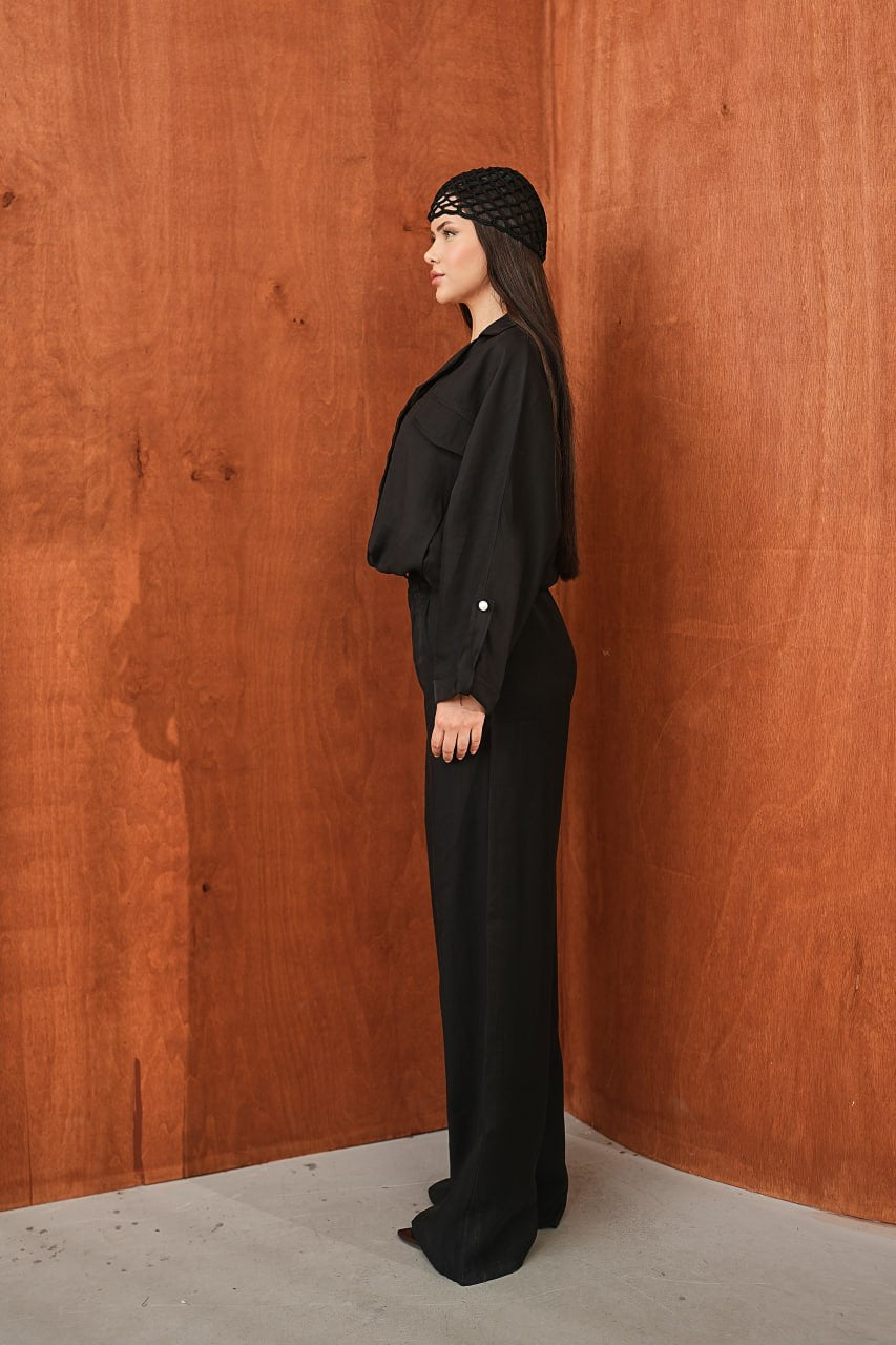 Kadın Modal Dokuma Oversize Gömlek Yüksek Bel Paça Pantolon İkili Takım Siyah