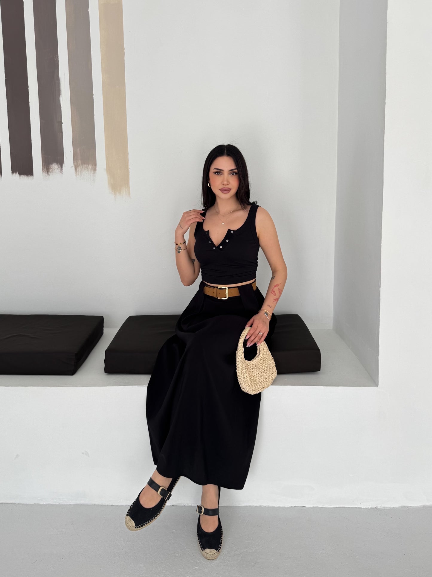 Kadın Modal Dokuma Kemer Detaylı Rahat Kalıp Etek Siyah