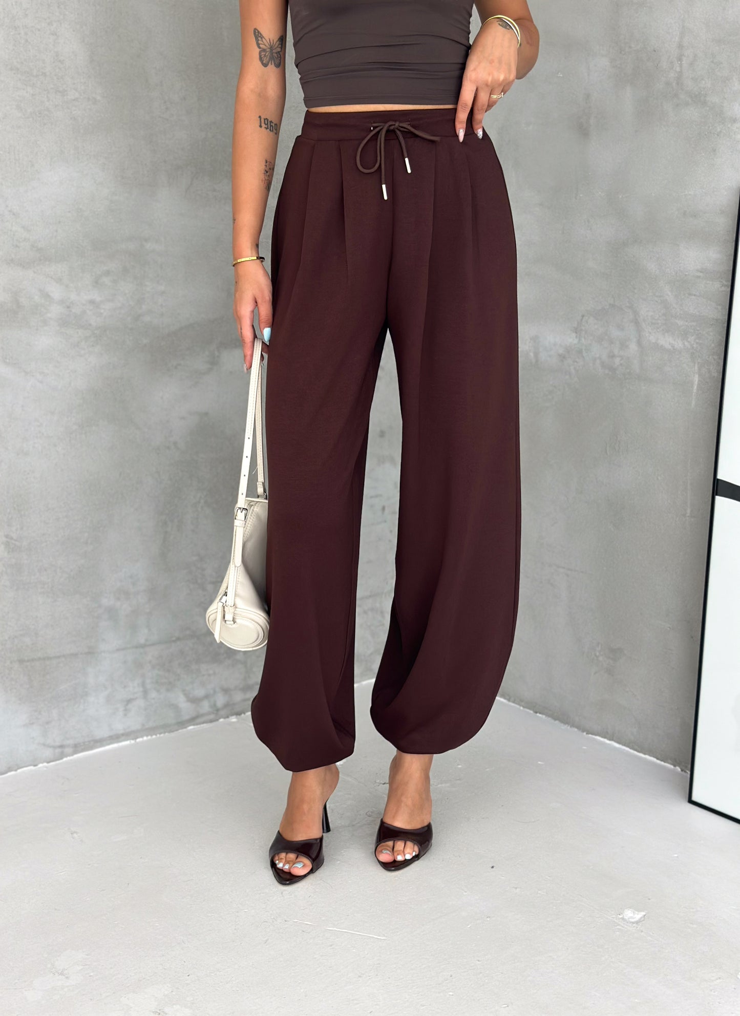 Kadın Modal Kumaş Şalvar Trend Model Şalvar Pantolon Kahverengi