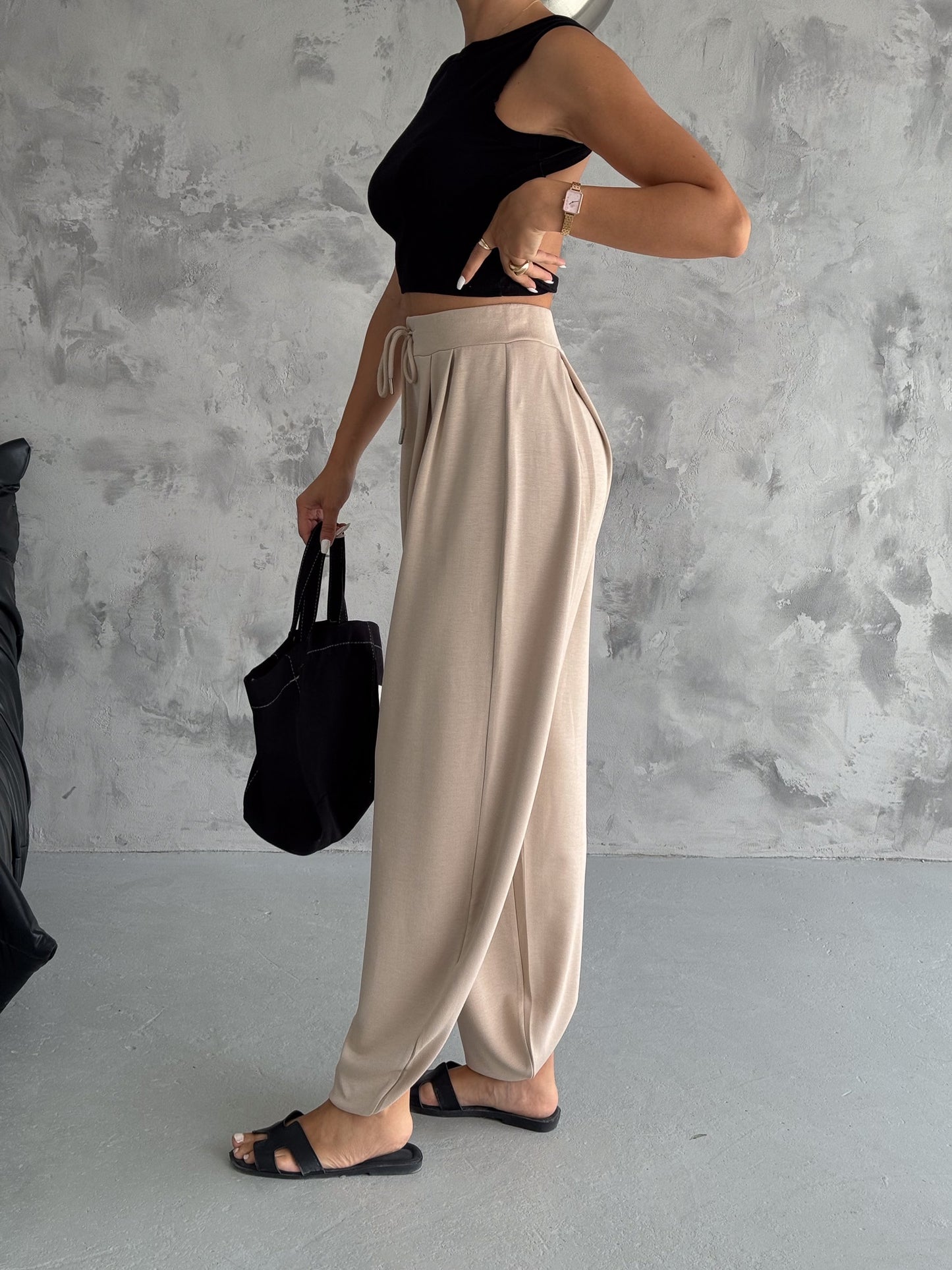 Kadın Modal Kumaş Şalvar Trend Model Şalvar Pantolon Bej