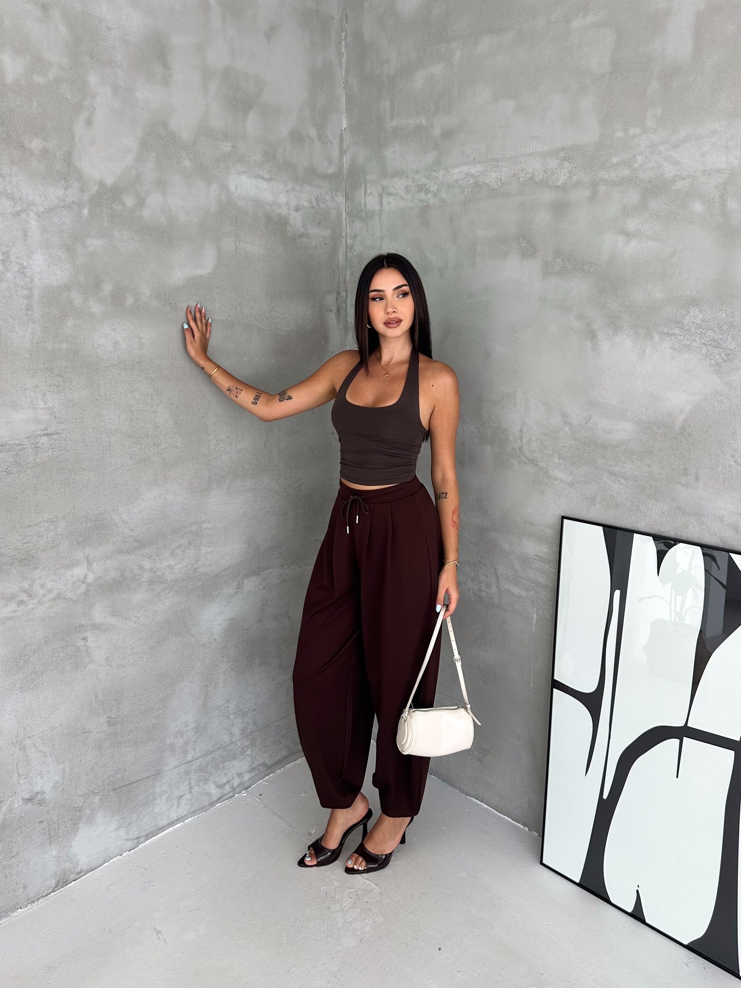 Kadın Modal Kumaş Şalvar Trend Model Şalvar Pantolon Kahverengi