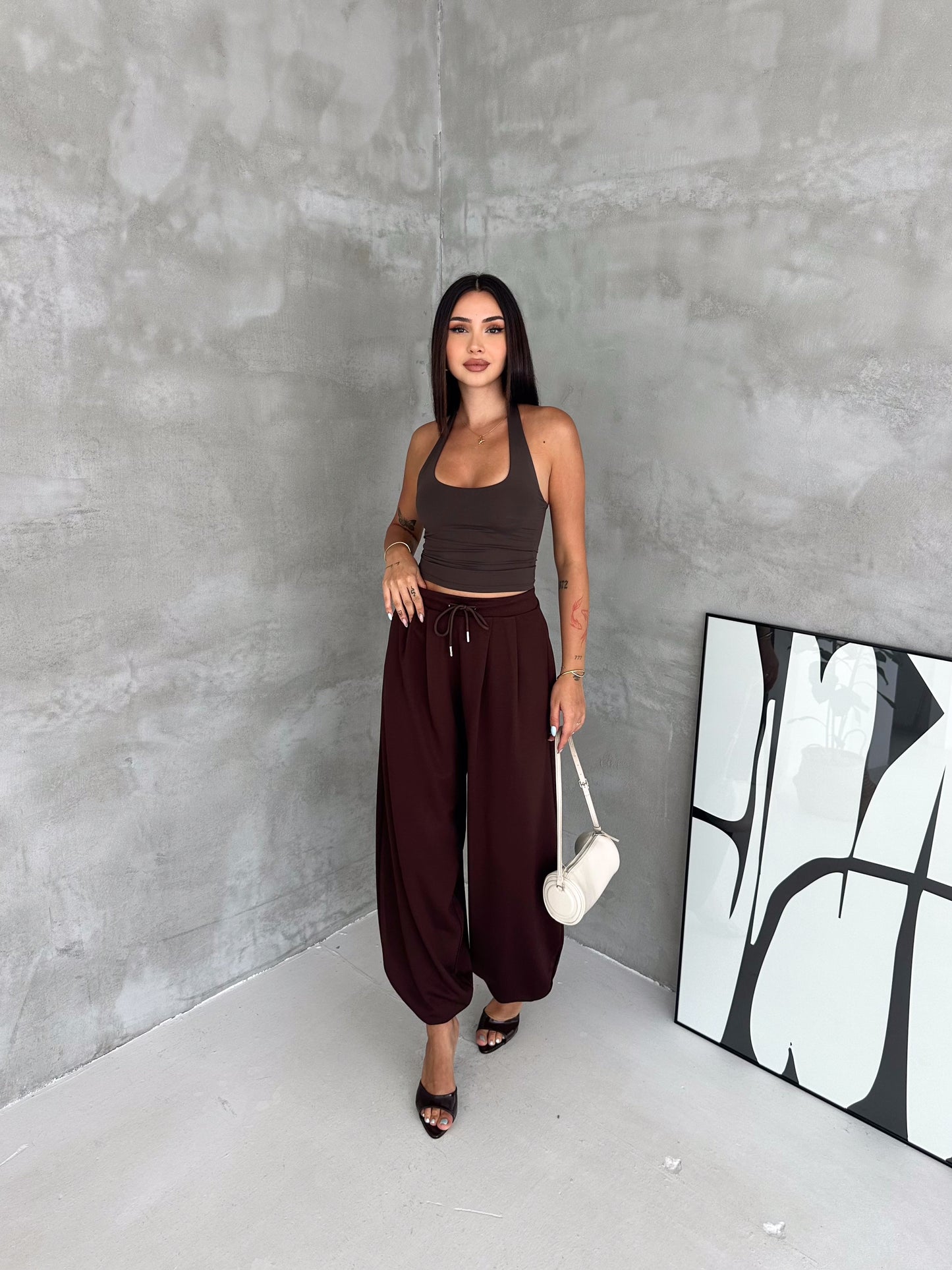 Kadın Modal Kumaş Şalvar Trend Model Şalvar Pantolon Kahverengi