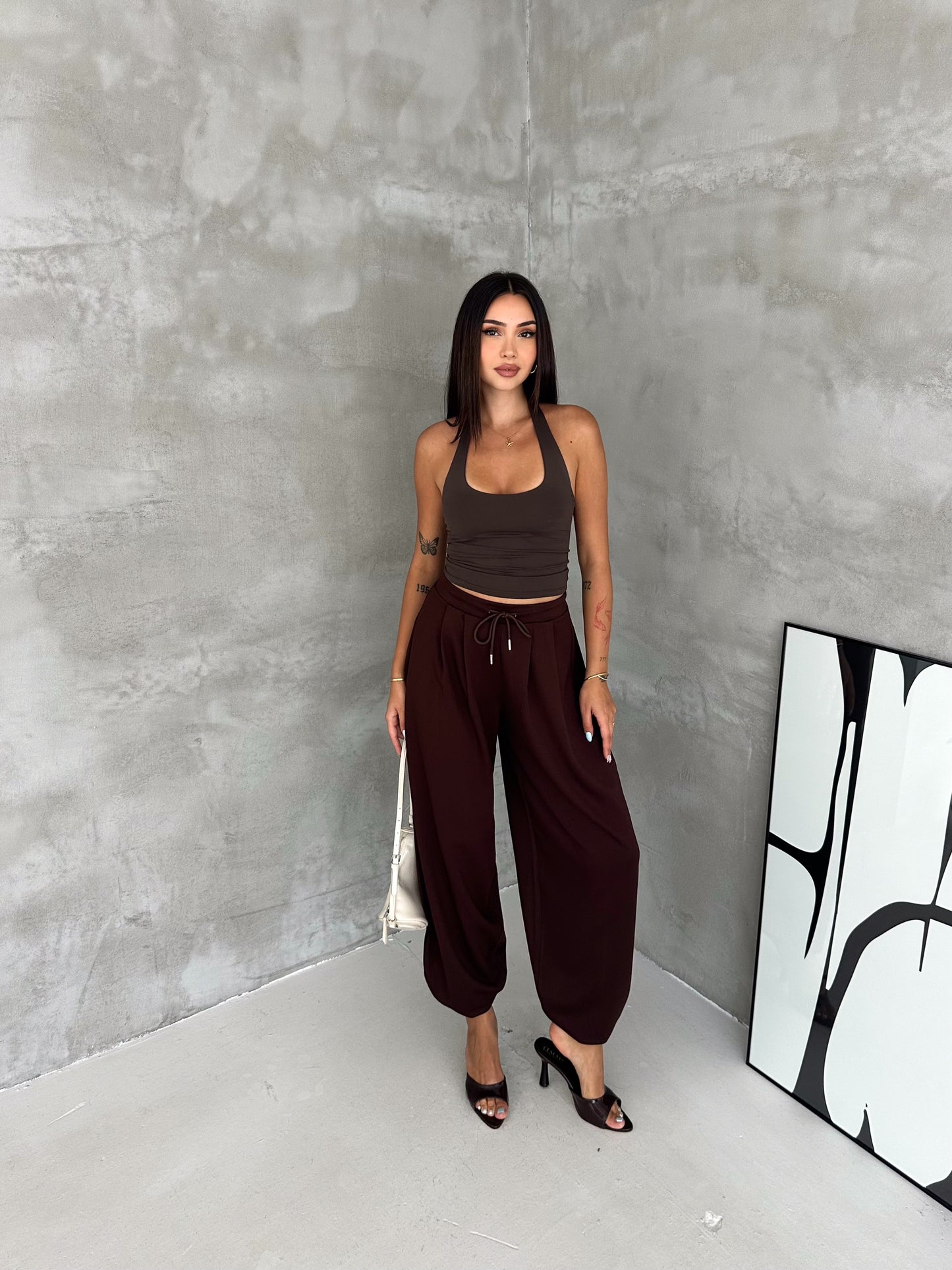 Kadın Modal Kumaş Şalvar Trend Model Şalvar Pantolon Kahverengi