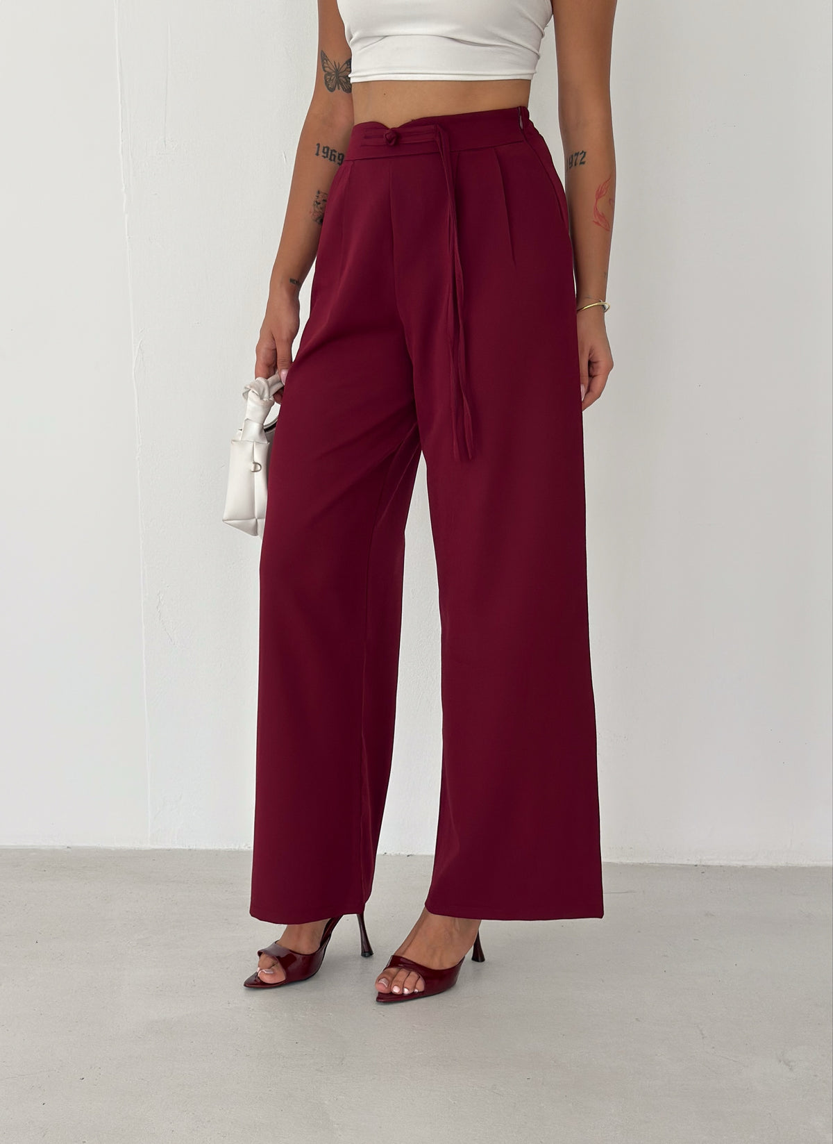 Kadın Double Kumaş Çin Düğme Detaylı Bol Paça Pantolon Bordo