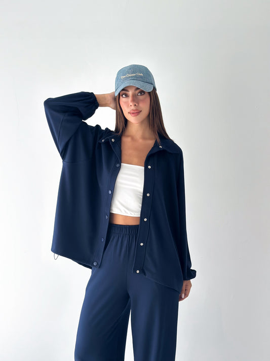 Kadın Modal Kumaş Çıtçıtlı Stoper Büzgülü Oversize İkili Takım Lacivert