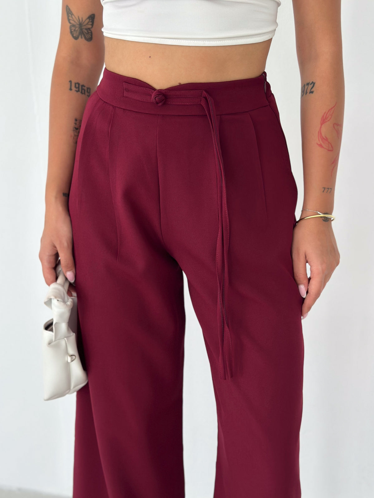 Kadın Double Kumaş Çin Düğme Detaylı Bol Paça Pantolon Bordo
