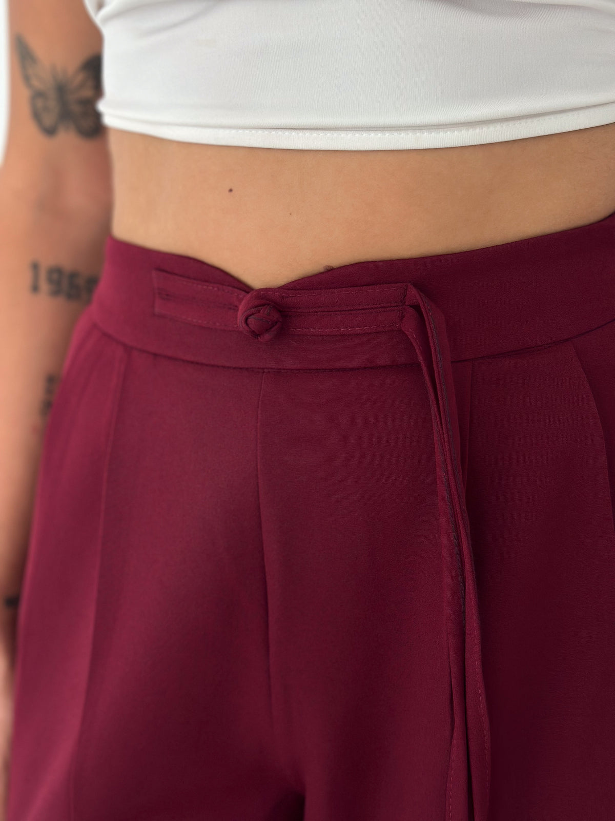 Kadın Double Kumaş Çin Düğme Detaylı Bol Paça Pantolon Bordo
