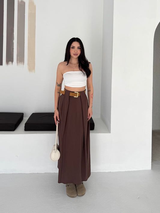 Kadın Modal Dokuma Kemer Detaylı Rahat Kalıp Etek Kahverengi