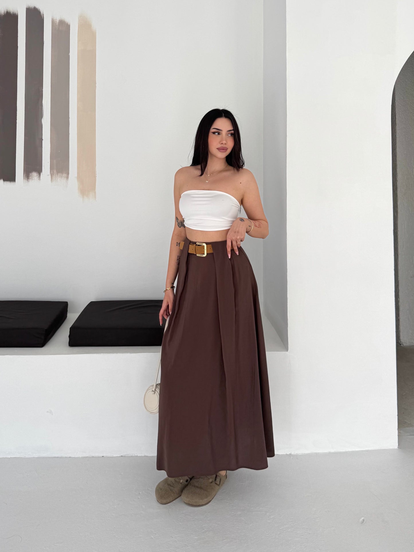 Kadın Modal Dokuma Kemer Detaylı Rahat Kalıp Etek Kahverengi