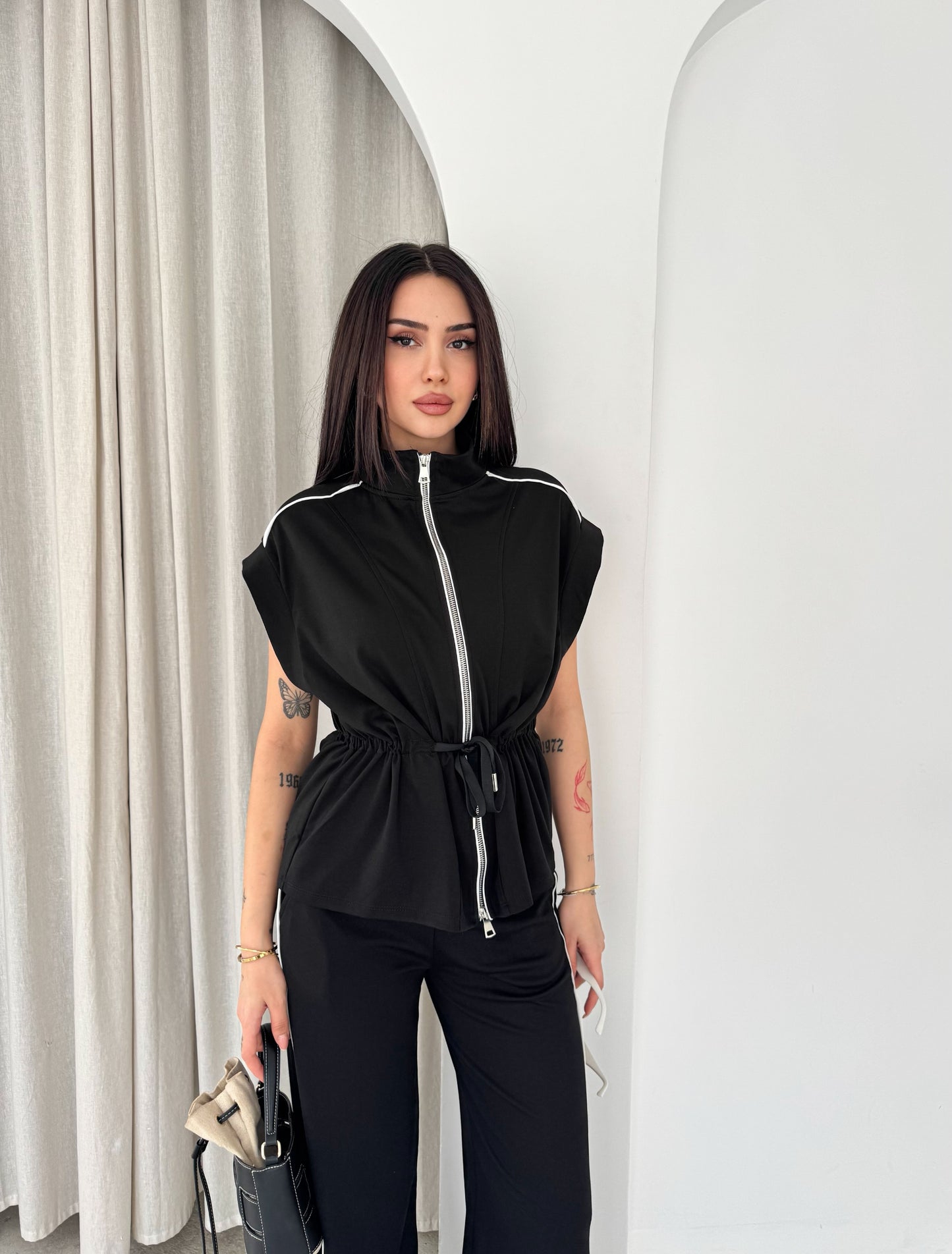 Kadın Modal Kumaş Fermuarlı Rahat Kesim Casual Takım Siyah