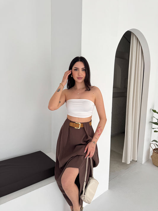 Kadın Modal Dokuma Kemer Detaylı Rahat Kalıp Etek Kahverengi