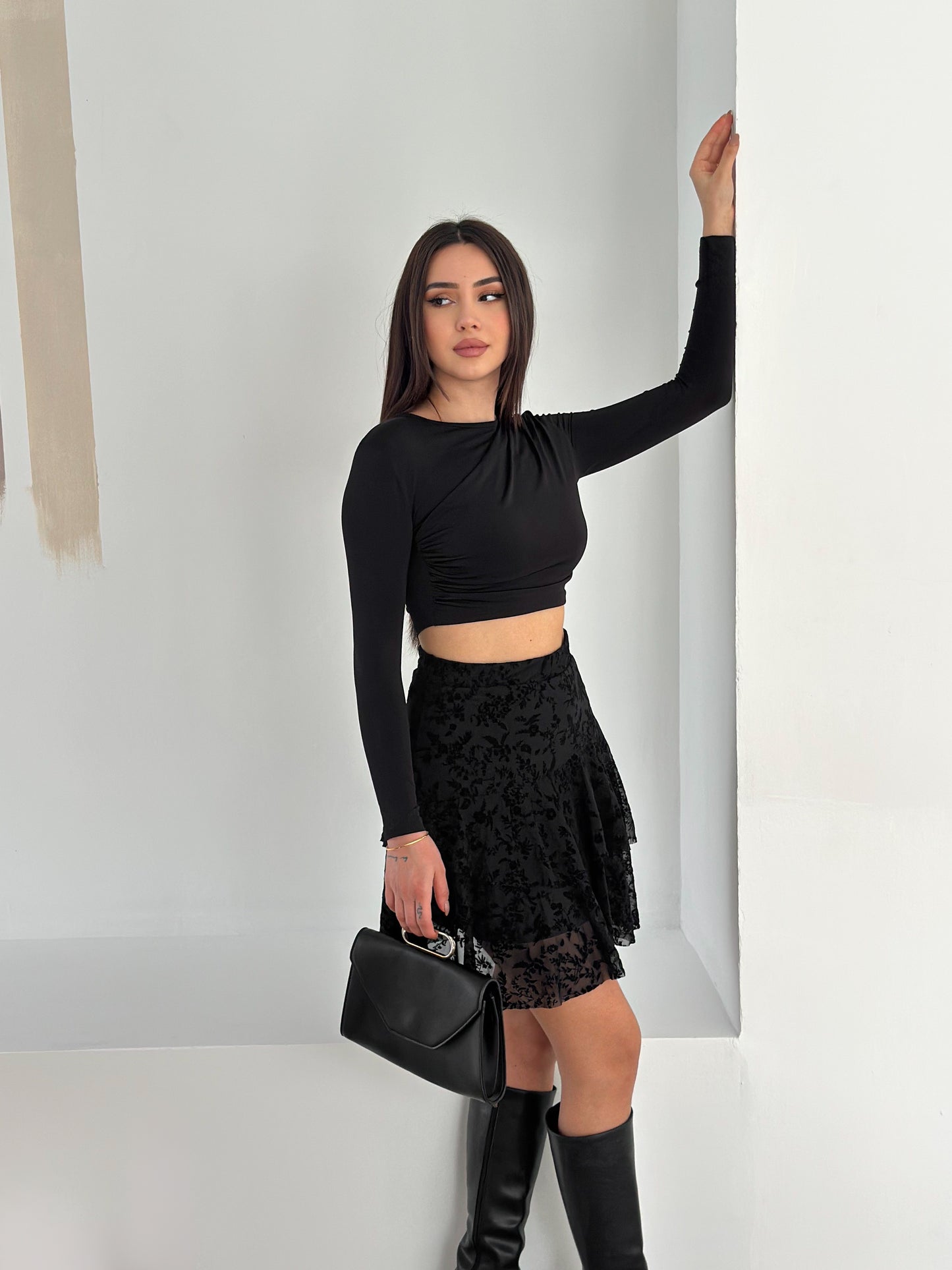 Kadın Tül Baskılı Astarlı Mini Etek Siyah