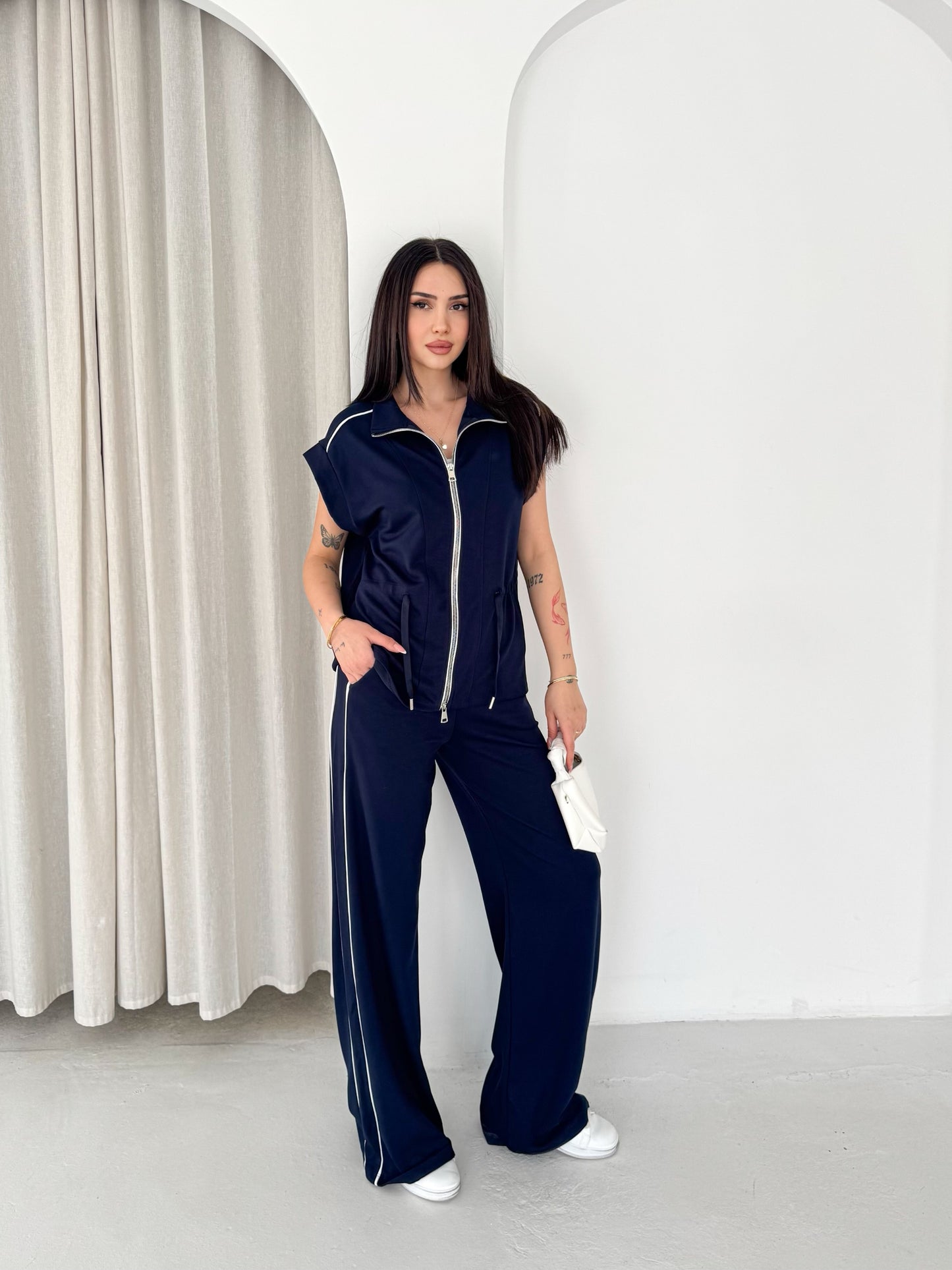 Kadın Modal Kumaş Fermuarlı Rahat Kesim Casual Takım Lacivert