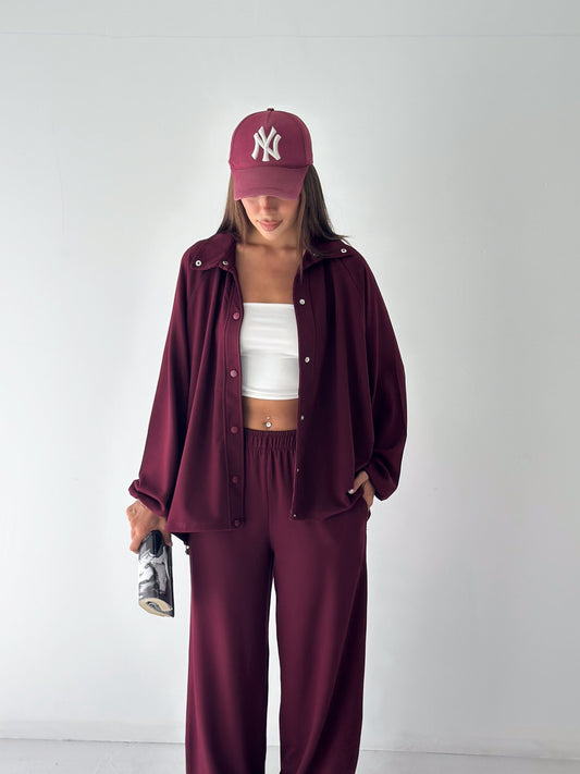 Kadın Modal Kumaş Çıtçıtlı Stoper Büzgülü Oversize İkili Takım Bordo