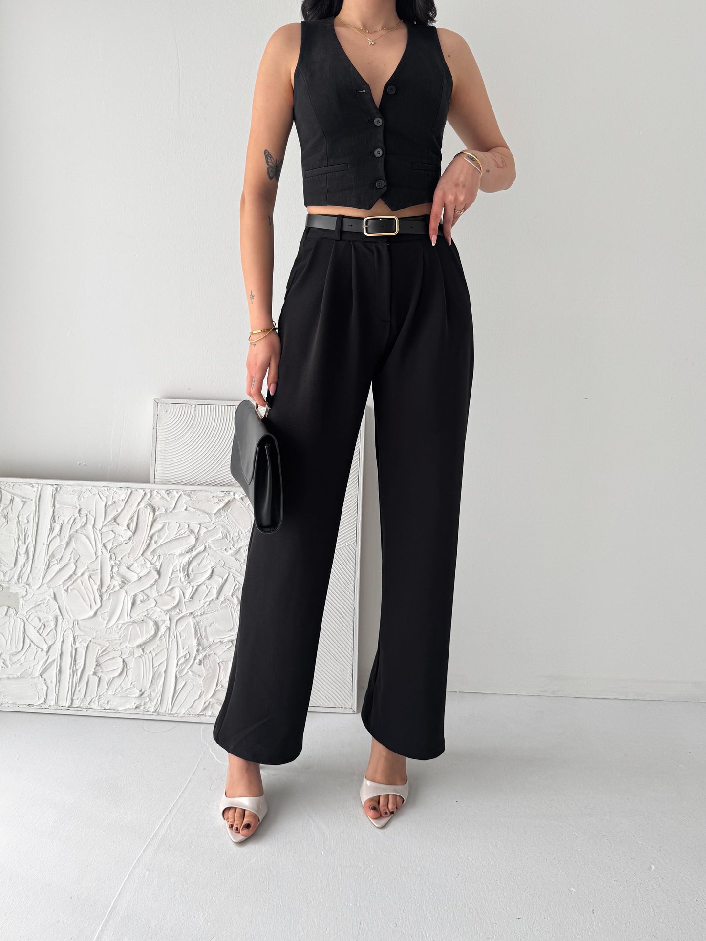 Kadın Ağaç Kabuğu Kemerli Yüksek Bel Krep Pantolon Siyah