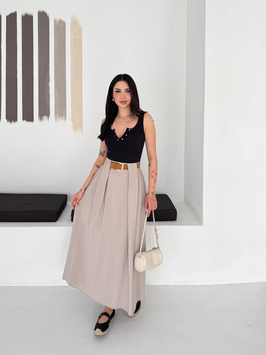 Kadın Modal Dokuma Kemer Detaylı Rahat Kalıp Etek Bej