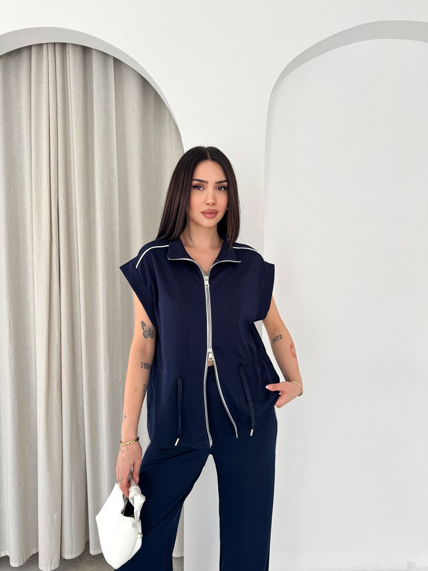 Kadın Modal Kumaş Fermuarlı Rahat Kesim Casual Takım Lacivert