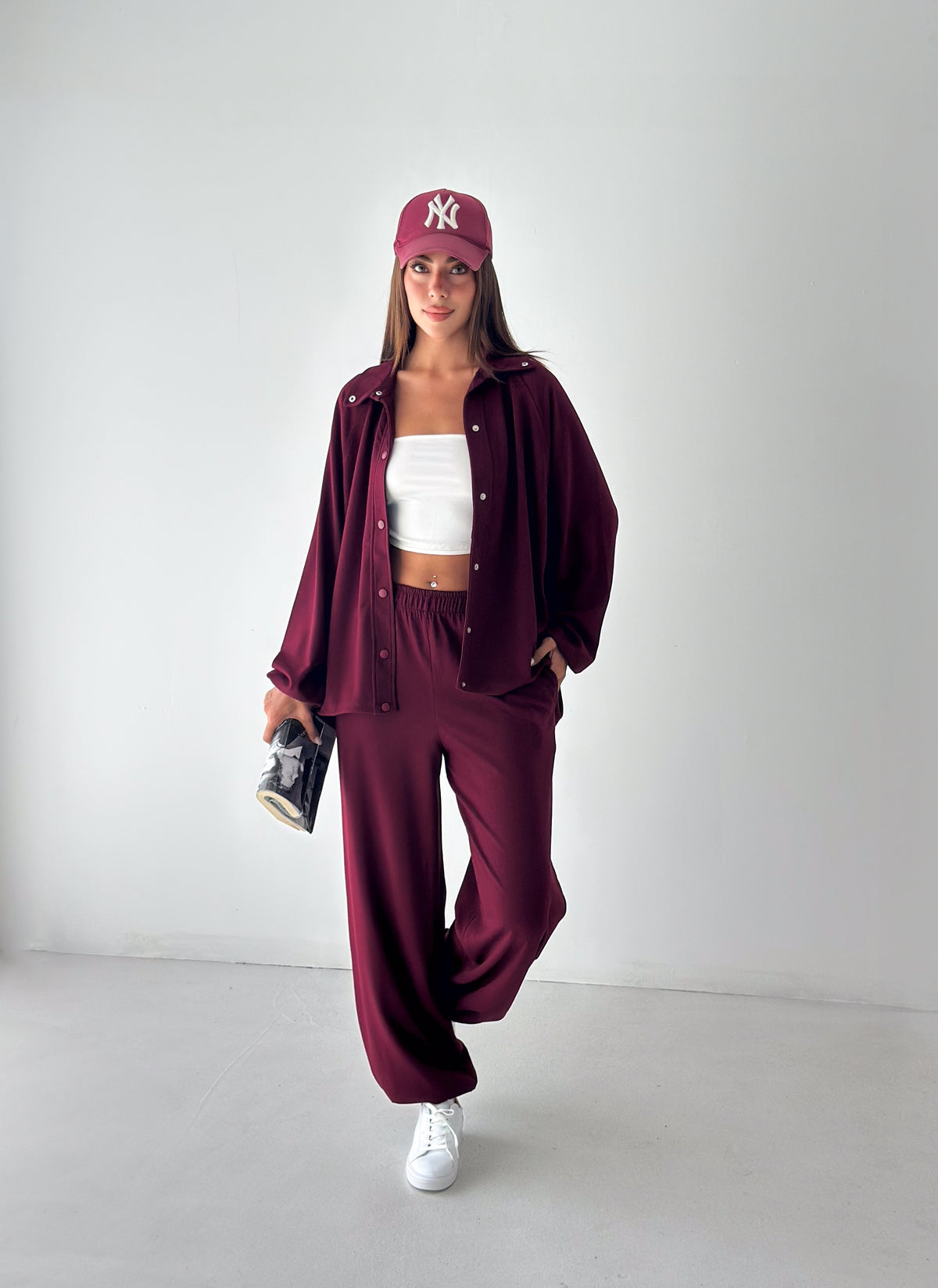 Kadın Modal Kumaş Çıtçıtlı Stoper Büzgülü Oversize İkili Takım Bordo