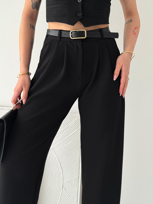 Kadın Ağaç Kabuğu Kemerli Yüksek Bel Krep Pantolon Siyah