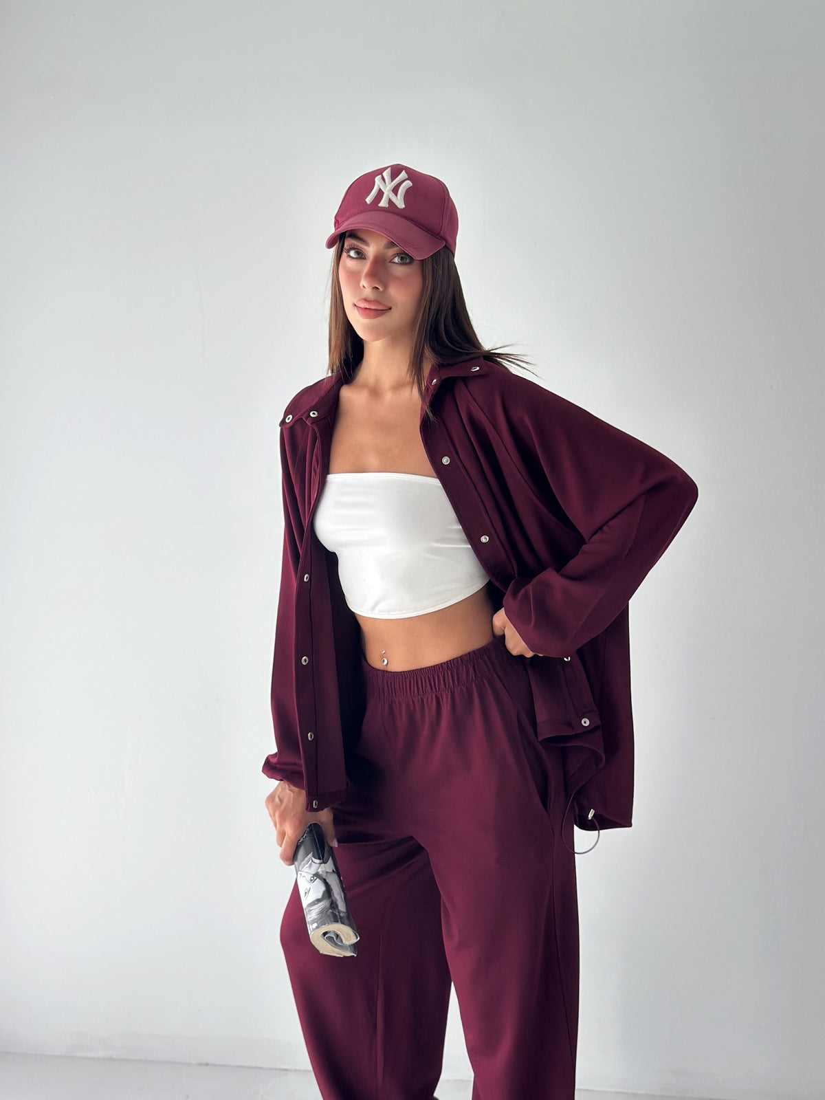 Kadın Modal Kumaş Çıtçıtlı Stoper Büzgülü Oversize İkili Takım Bordo