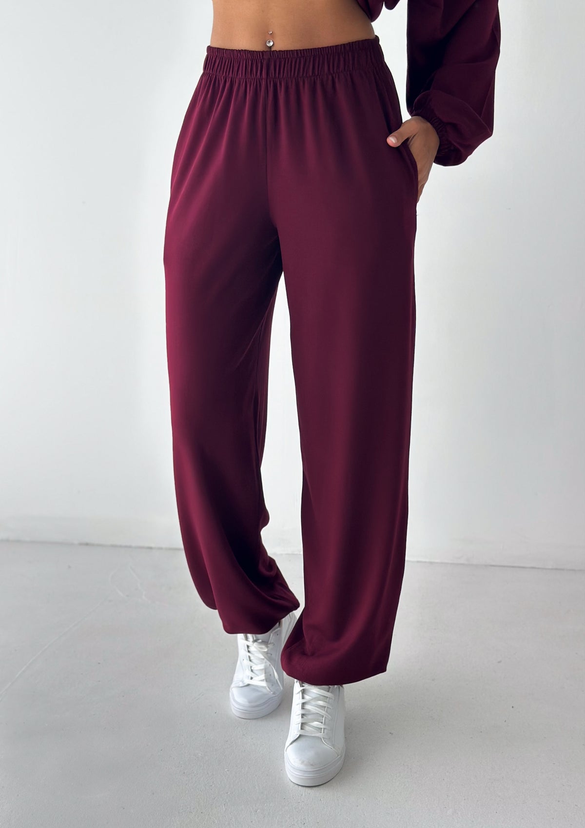 Kadın Modal Kumaş Çıtçıtlı Stoper Büzgülü Oversize İkili Takım Bordo