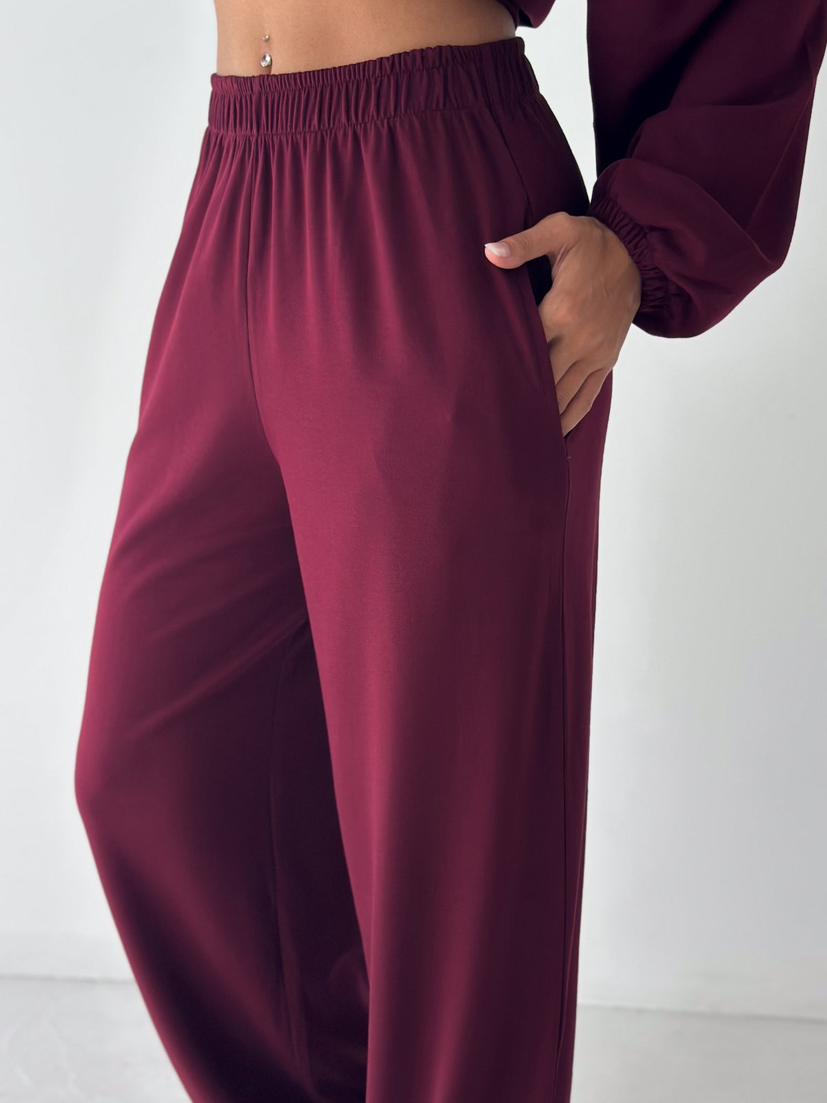 Kadın Modal Kumaş Çıtçıtlı Stoper Büzgülü Oversize İkili Takım Bordo