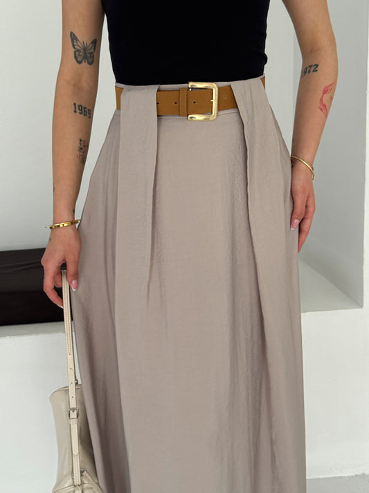 Kadın Modal Dokuma Kemer Detaylı Rahat Kalıp Etek Bej