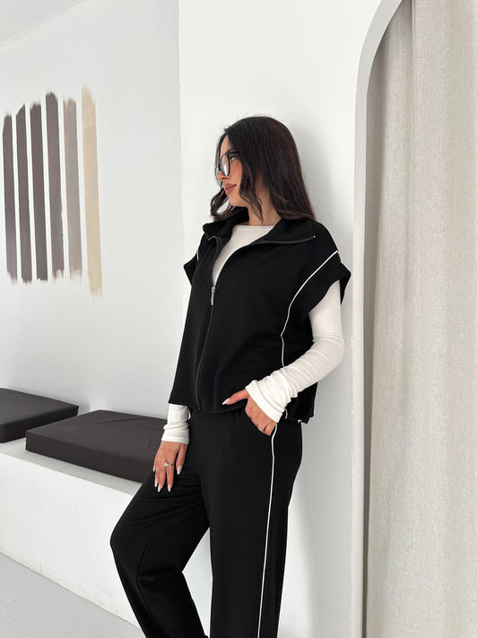 Kadın Fermuarlı Üstlü Rahat Kesim Modal Bol Paça Eşofman Takımı Siyah