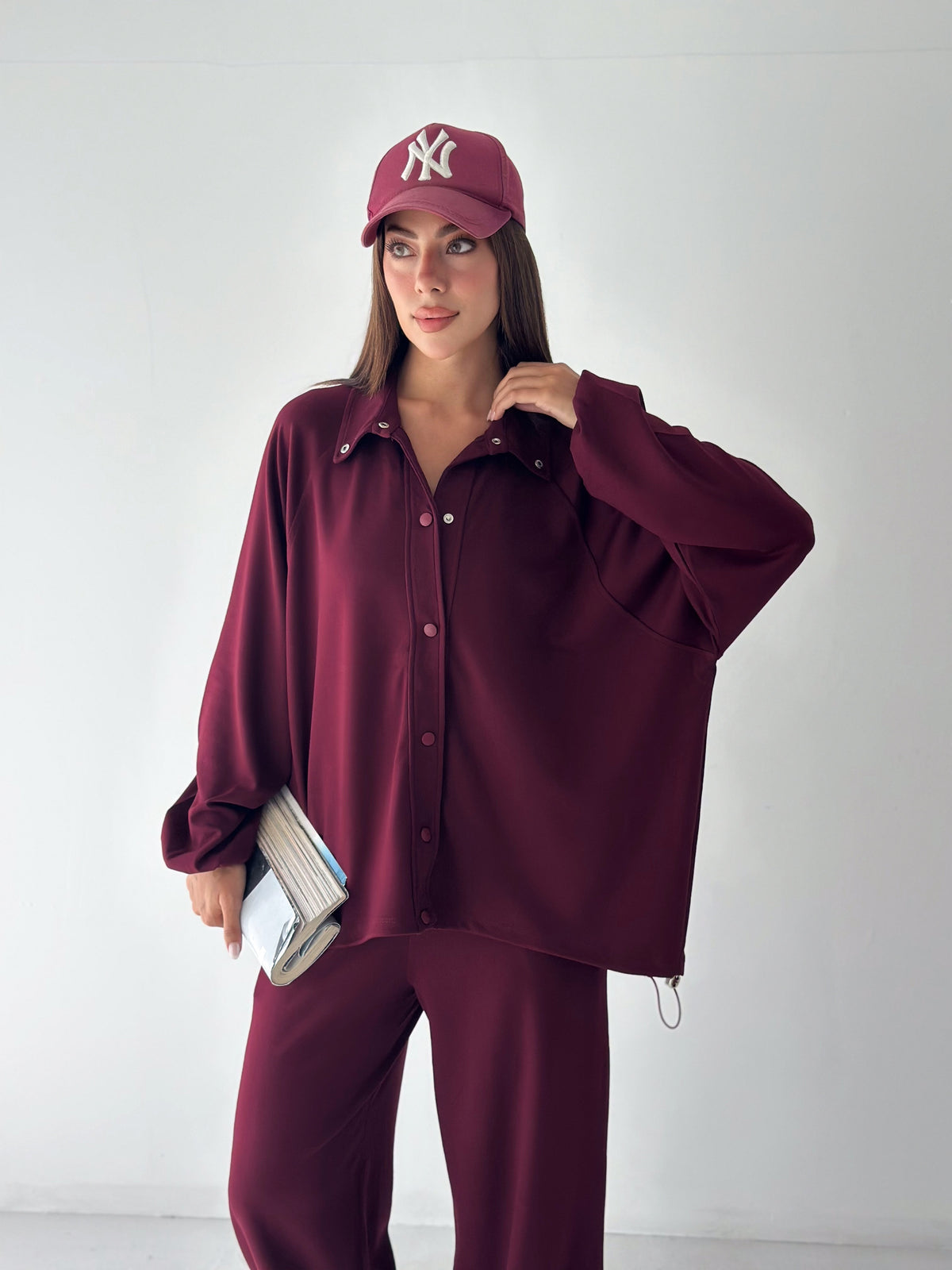 Kadın Modal Kumaş Çıtçıtlı Stoper Büzgülü Oversize İkili Takım Bordo